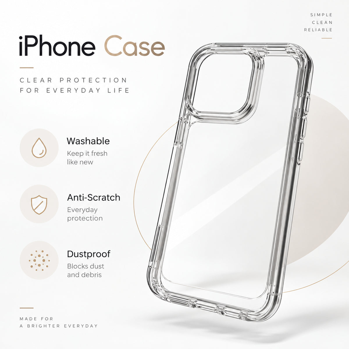 A clear transparent iPhone case with a silver metallic bumper frame, shown on a clean white background with promotional text and feature icons for washability, scratch resistance, and dustproof protection.