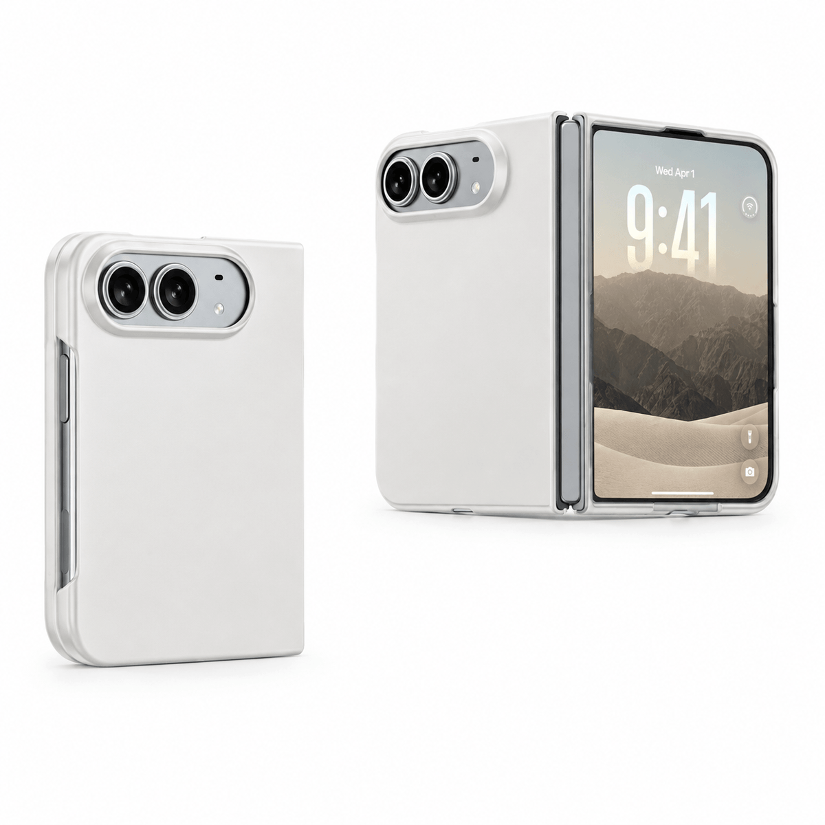 A white protective case for a folding smartphone, shown from two angles: one flat back view on the left and one folded view on the right displaying a mountain wallpaper.