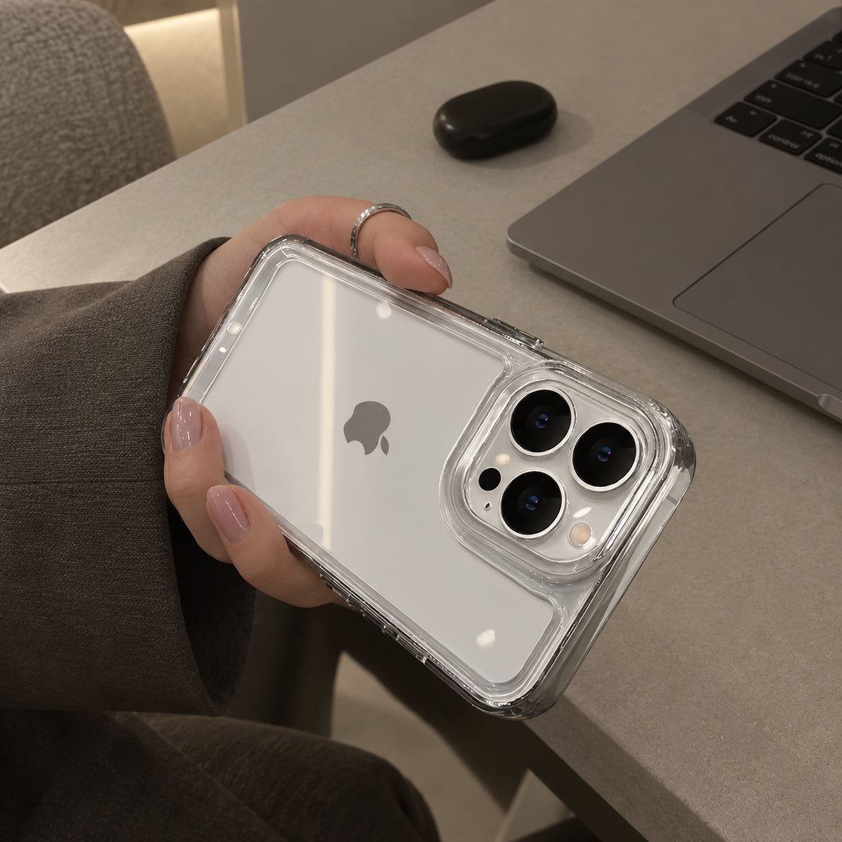 Image of iphone 18 clear shockproof case, showing minimalworkspacewithclear casedsmartphone.
