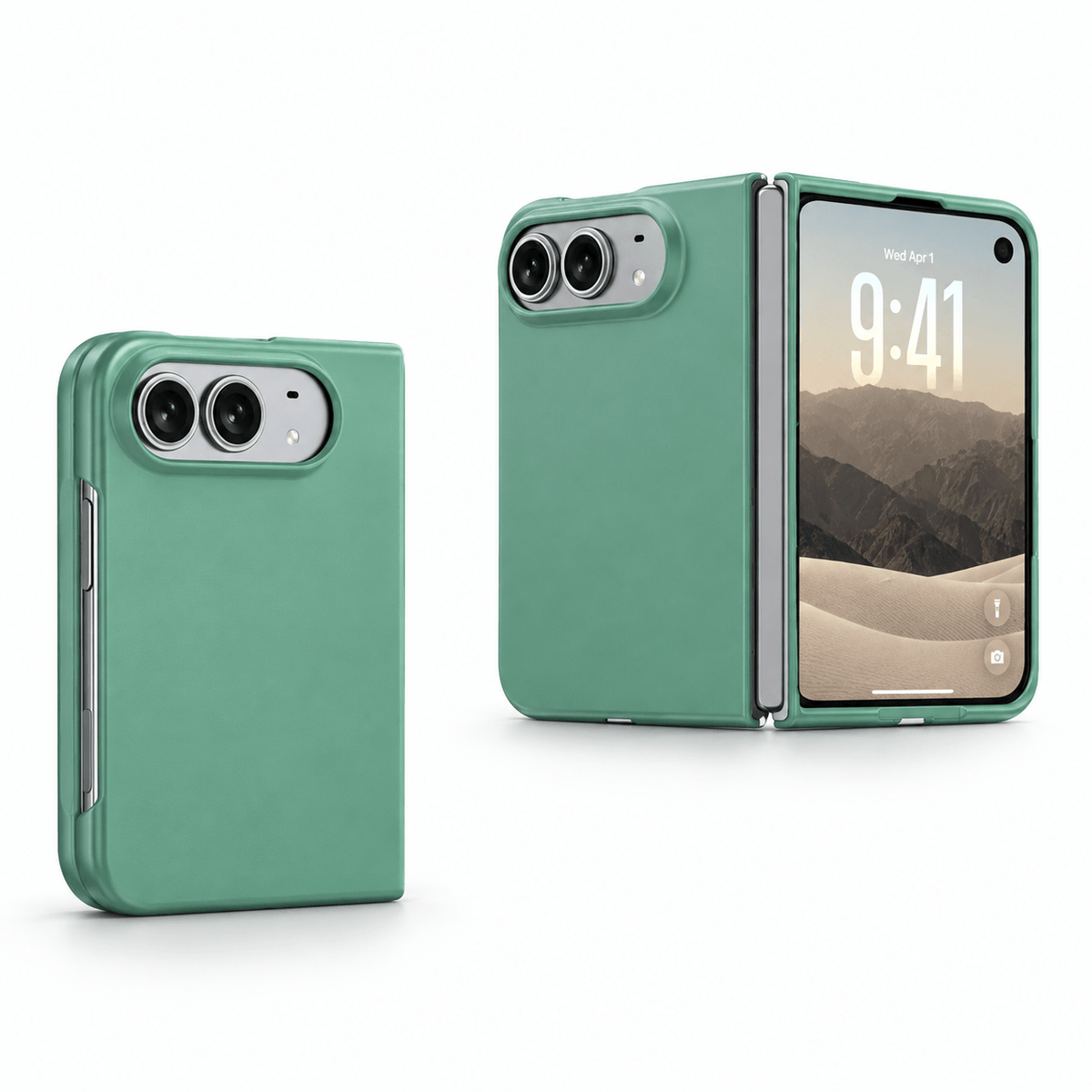 A mint green protective case for a foldable smartphone, shown in two views: one flat back view and one open front view with the phone's screen on. The case has a matte finish with silver metallic accents around the camera cutouts and hinge.