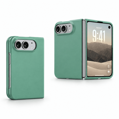 A mint green protective case for a foldable smartphone, shown in two views: one flat back view and one open front view with the phone's screen on. The case has a matte finish with silver metallic accents around the camera cutouts and hinge.