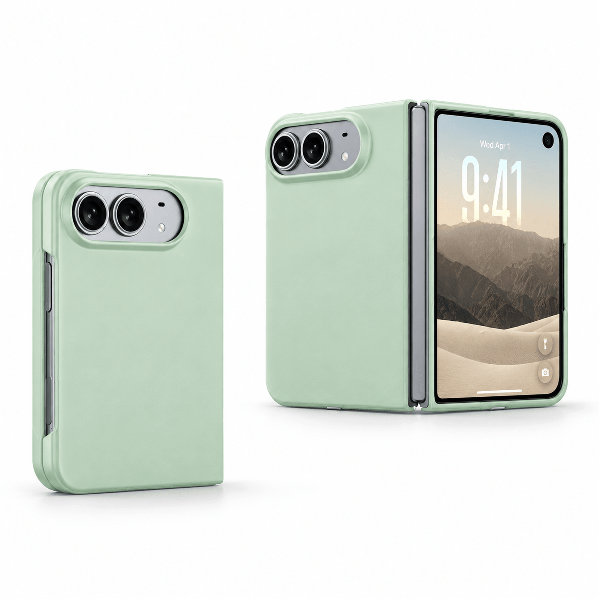 A light mint green protective case for a foldable smartphone, shown in two views: one closed showing the back with a large camera cutout, and one open displaying the phone's screen and inner edge.