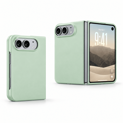 A light mint green protective case for a foldable smartphone, shown in two views: one closed showing the back with a large camera cutout, and one open displaying the phone's screen and inner edge.