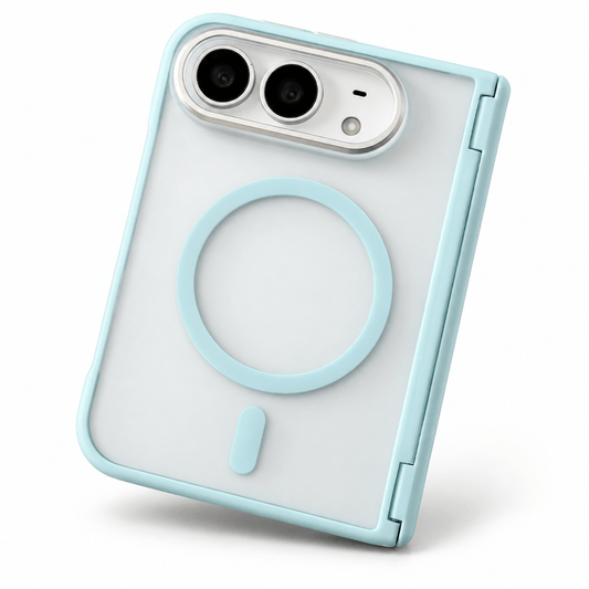 A light blue protective phone case with a MagSafe ring and camera cutout, shown on a white background.