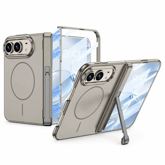 iPhone Duo MagSafe Magnetic Foldable Case with Stand & Tempered Glass Protection PC. Image showing modular foldable phone case system.