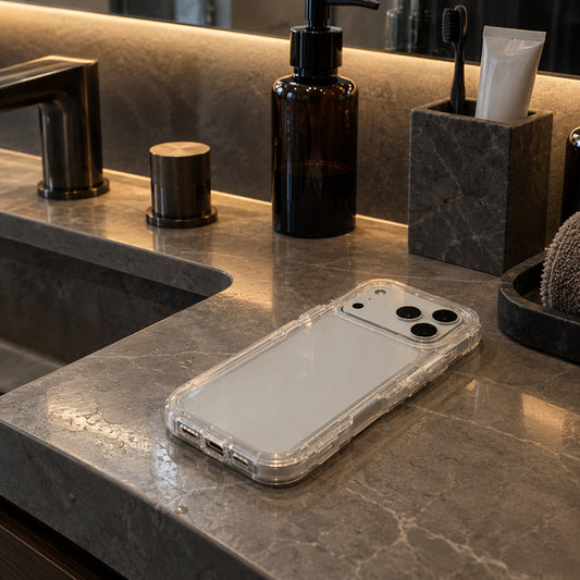 A clear, transparent protective phone case with raised camera protection, shown on a smartphone resting on a gray marble bathroom counter.