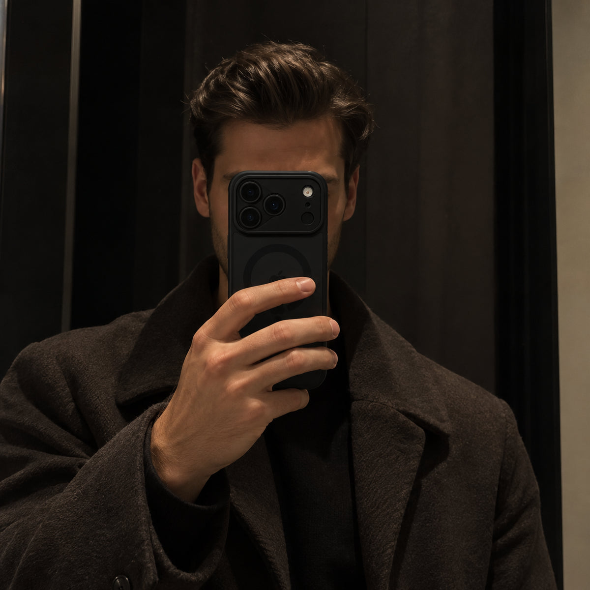 Image showing moody Mirror Selfieina Dark Coat, featuring iphone matte translucent magsafe case with anti-fingerprint & scratch protection.