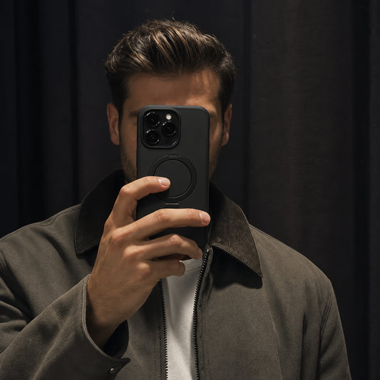 Image showing moody Mirror Selfiewith Matte Black Phone Case, featuring iphone magsafe magnetic case with folding kickstand & camera protection.