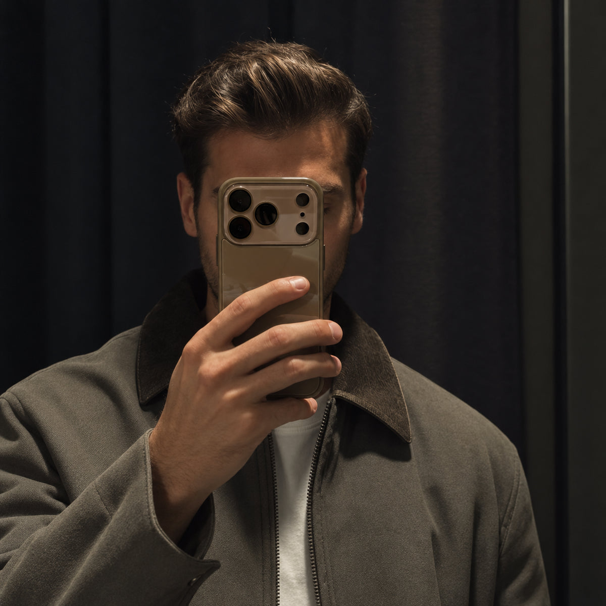 Image showing moody Taupe Phone Mirror Selfie, featuring iphone slim shockproof case with tempered glass back & camera protection.