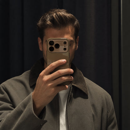 Image showing moody Taupe Phone Mirror Selfie, featuring iphone slim shockproof case with tempered glass back & camera protection.