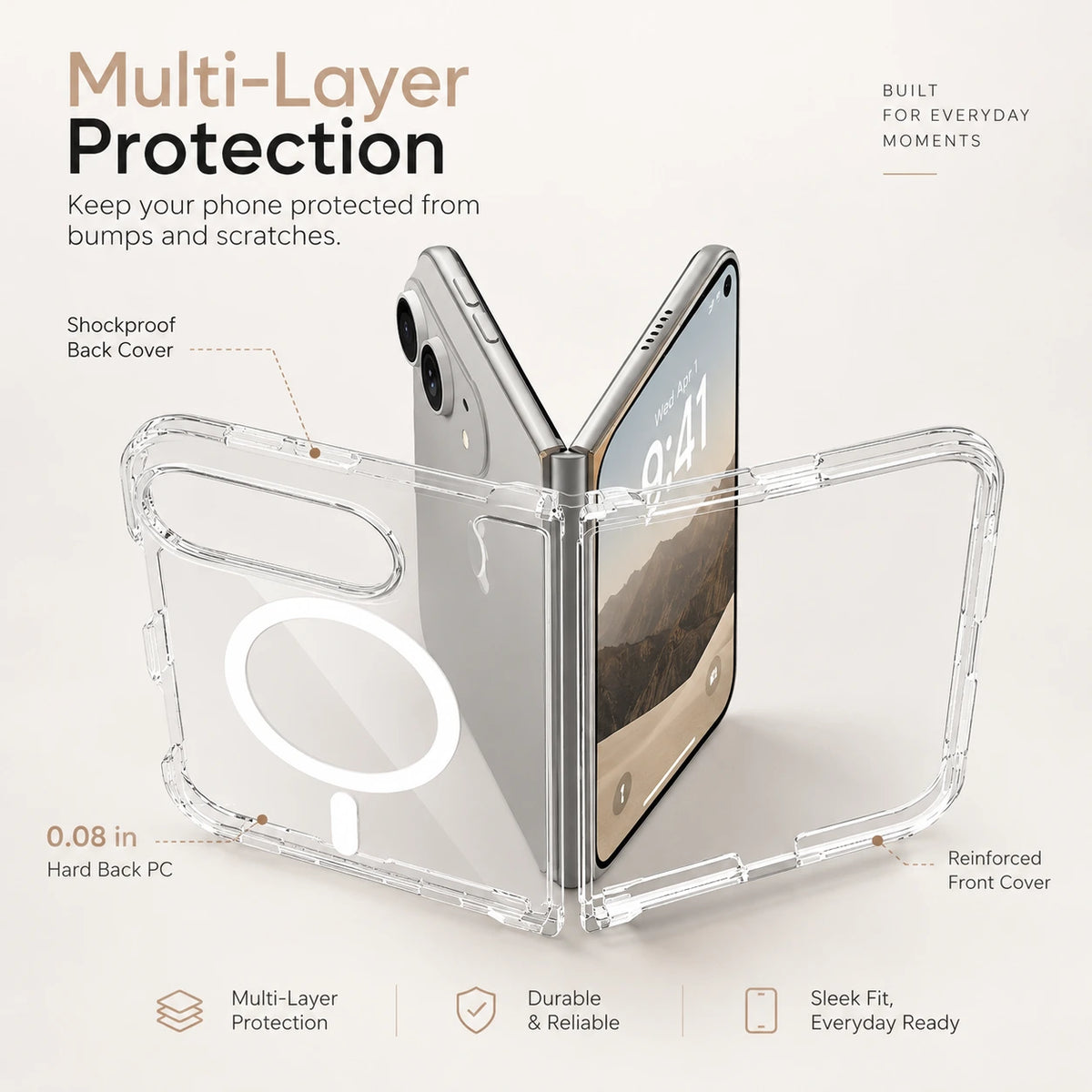 Image of iphone duo slim clear pc & tpu case, showing multi layerfoldablephoneprotection.