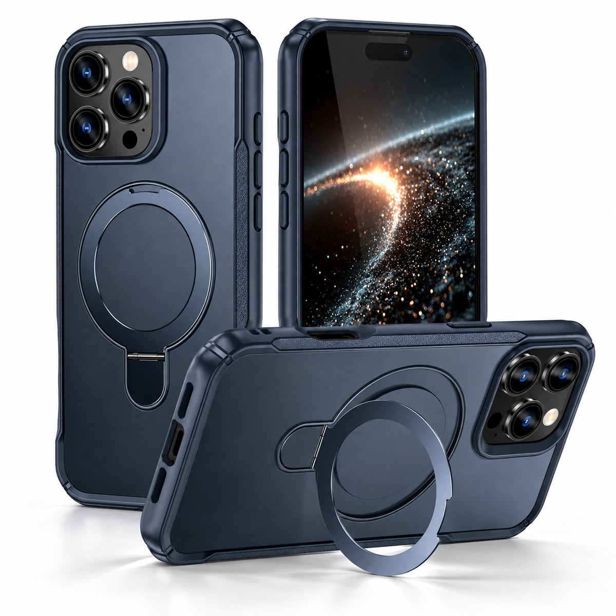 Three views of a dark navy blue protective phone case with a built-in circular magnetic ring, shown on a white background. One view shows the case on a phone displaying a galaxy wallpaper, while the other two show the back and side profile of the case.