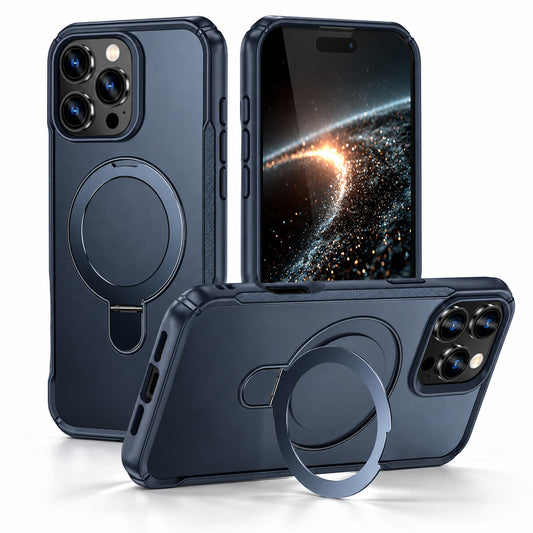 Three views of a dark navy blue protective phone case with a built-in circular magnetic ring, shown on a white background. One view shows the case on a phone displaying a galaxy wallpaper, while the other two show the back and side profile of the case.