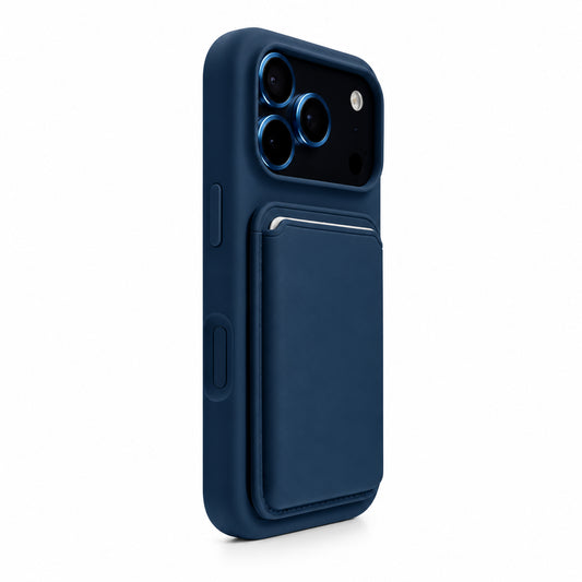 A dark navy blue protective phone case with a built-in card holder pocket on the back, shown on a white background.