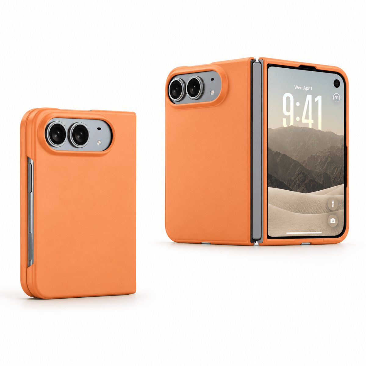 An orange protective case shown on a smartphone, displayed in two views: a closed back view on the left and an open front view on the right showing the phone's screen and camera cutout.