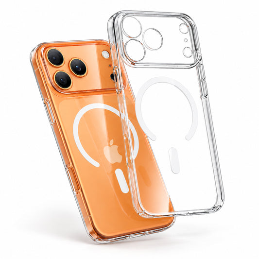 A clear protective phone case shown on an orange iPhone, with the case and phone overlapping on a clean white background. The case is transparent with a white MagSafe-style ring printed on the back.