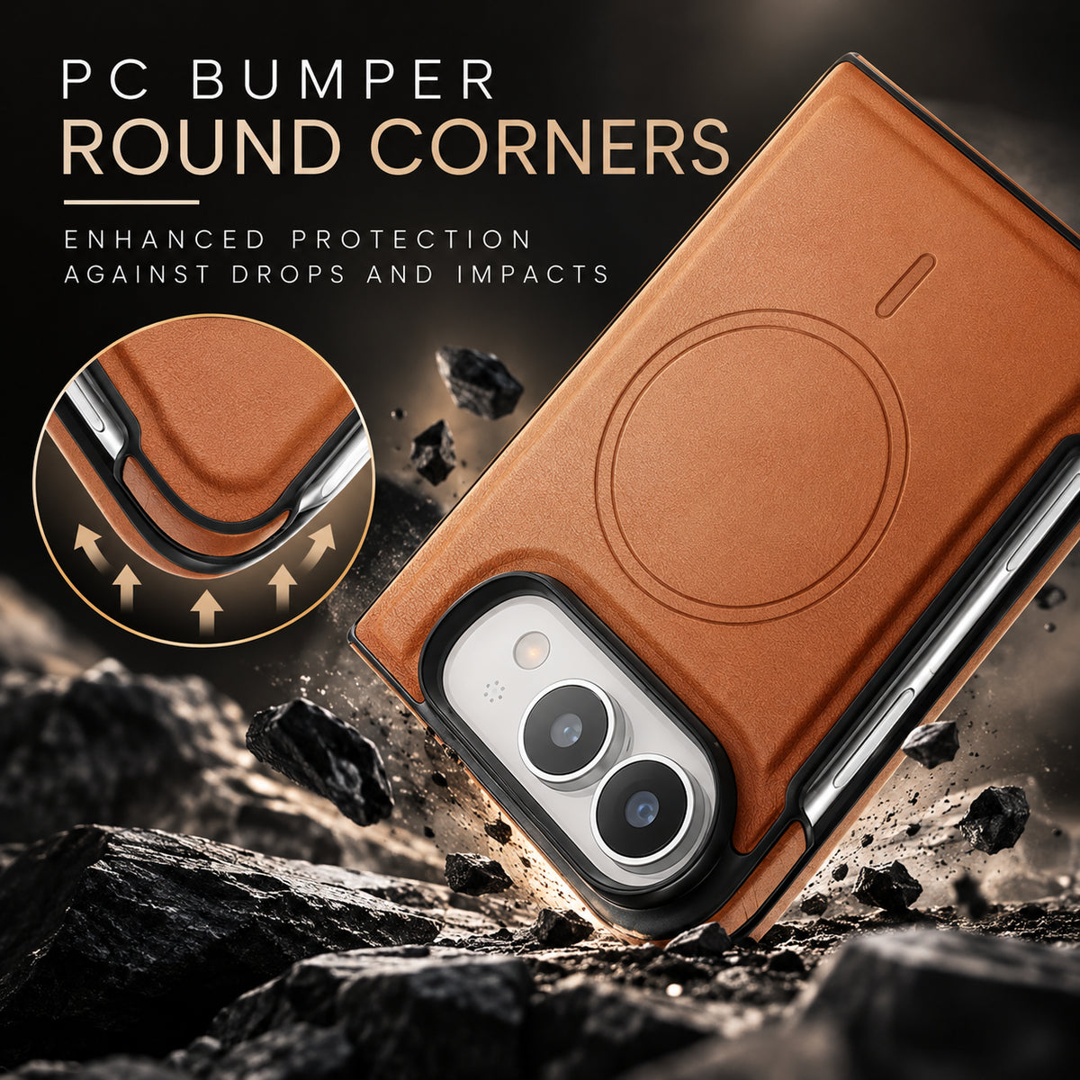 Image showing pCBumper Rounded Corner Protection, featuring iphone magnetic leather folding case with shockproof protection.