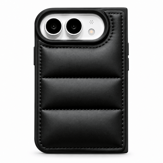 A black leather phone case with a padded, quilted back design and precise stitching, shown on a white background.