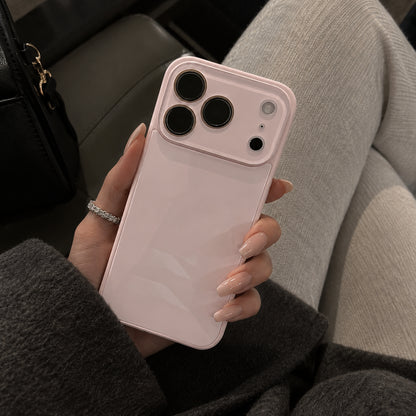 Image showing pale Pink Phone in Cosy Lounge Setting, featuring iphone slim shockproof case with tempered glass back & camera protection.