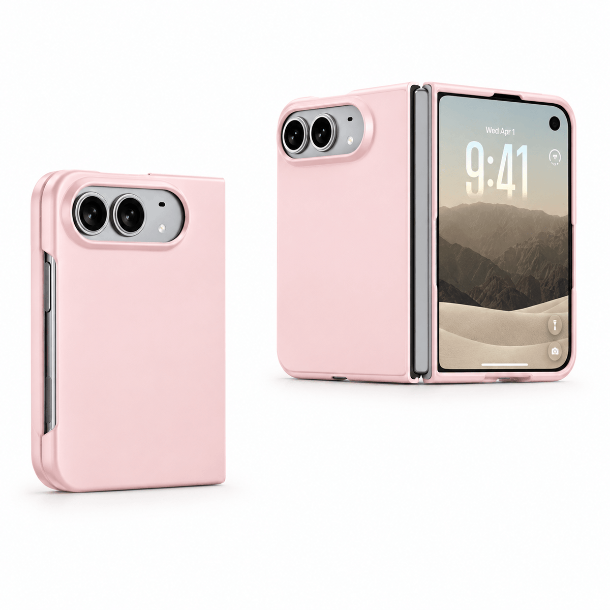 A light pink protective case for a foldable smartphone, shown in two views: one closed and one open with the screen visible. The case has a minimalist, slim design with precise cutouts for the camera and buttons.