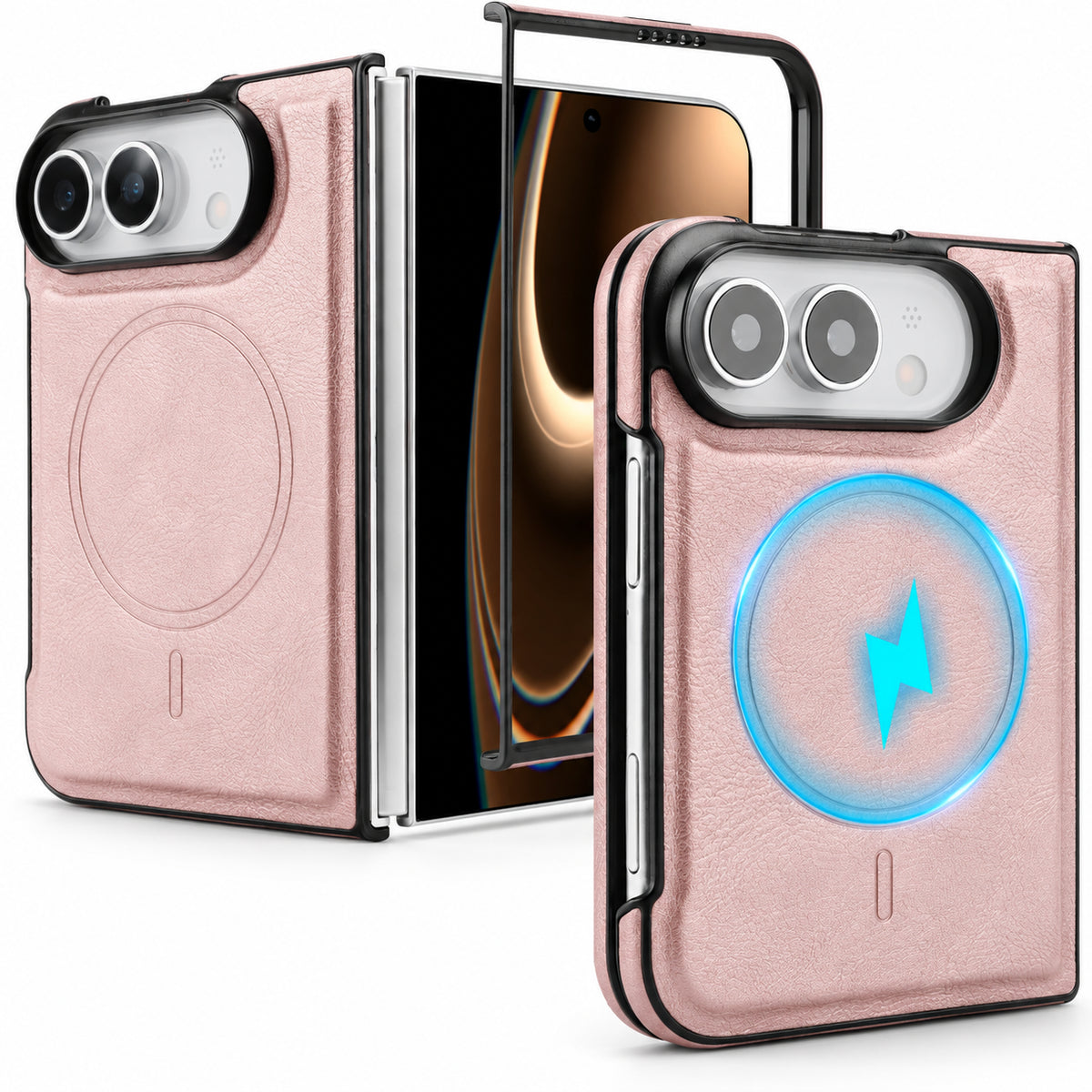 Image showing pink Foldable Phone Case Showcase, featuring iphone magnetic leather folding case with shockproof protection.