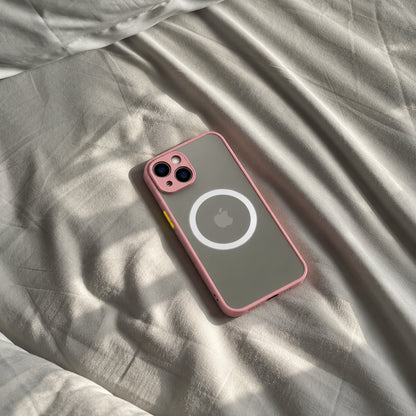 Image showing pink Mag Safe i Phone on Rumpled Bedding 1, featuring iphone hard matte magsafe case with anti-fingerprint finish & slim protection.