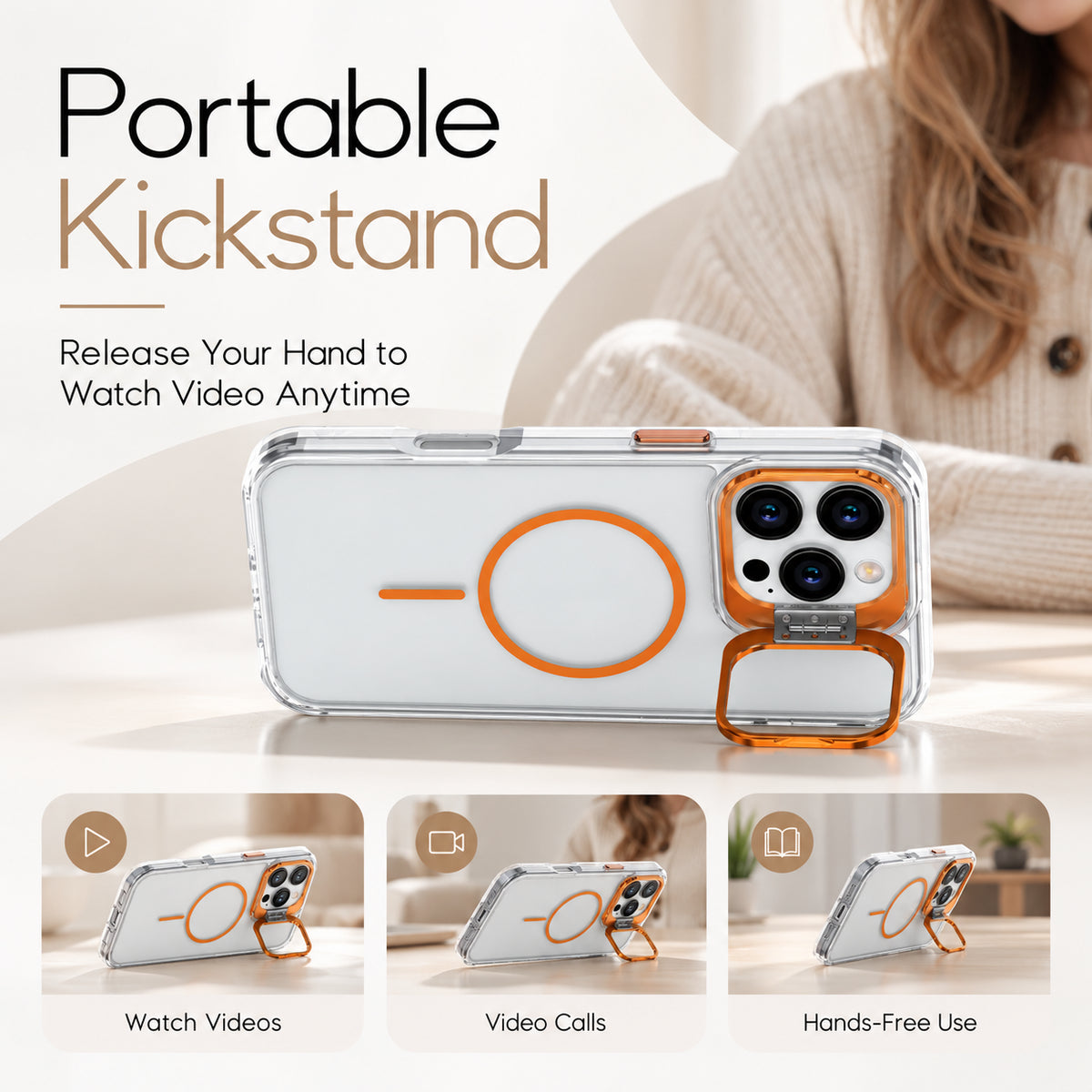 A clear phone case with an orange kickstand and matching orange accent ring, shown on a phone. The image includes marketing text reading 'Portable Kickstand' and three smaller demonstration panels at the bottom showing watch videos, video calls, and hands-free use.