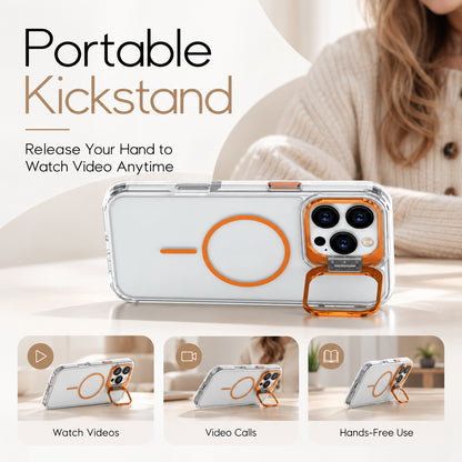 A clear phone case with an orange kickstand and matching orange accent ring, shown on a phone. The image includes marketing text reading 'Portable Kickstand' and three smaller demonstration panels at the bottom showing watch videos, video calls, and hands-free use.