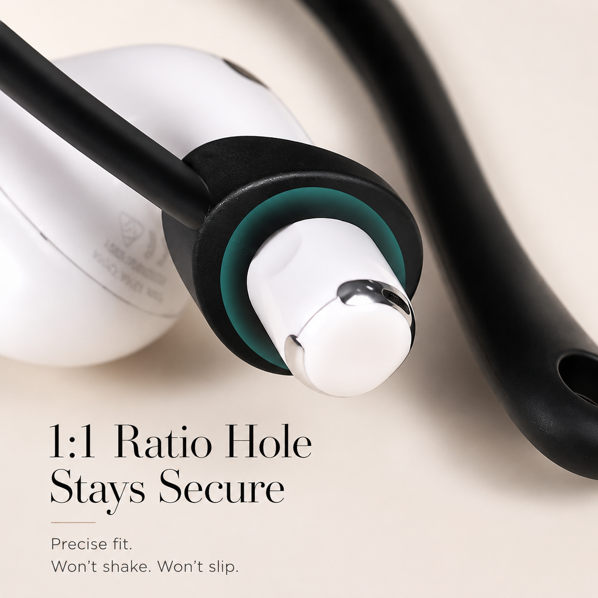 A close-up of a black hook's circular opening around an earbud stem accompanies text advertising a precise, secure fit.