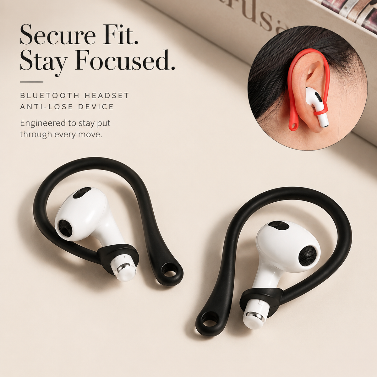 Two black hooks hold white earbuds beside an inset of a red hook worn around an ear. Text advertises secure fit during movement.