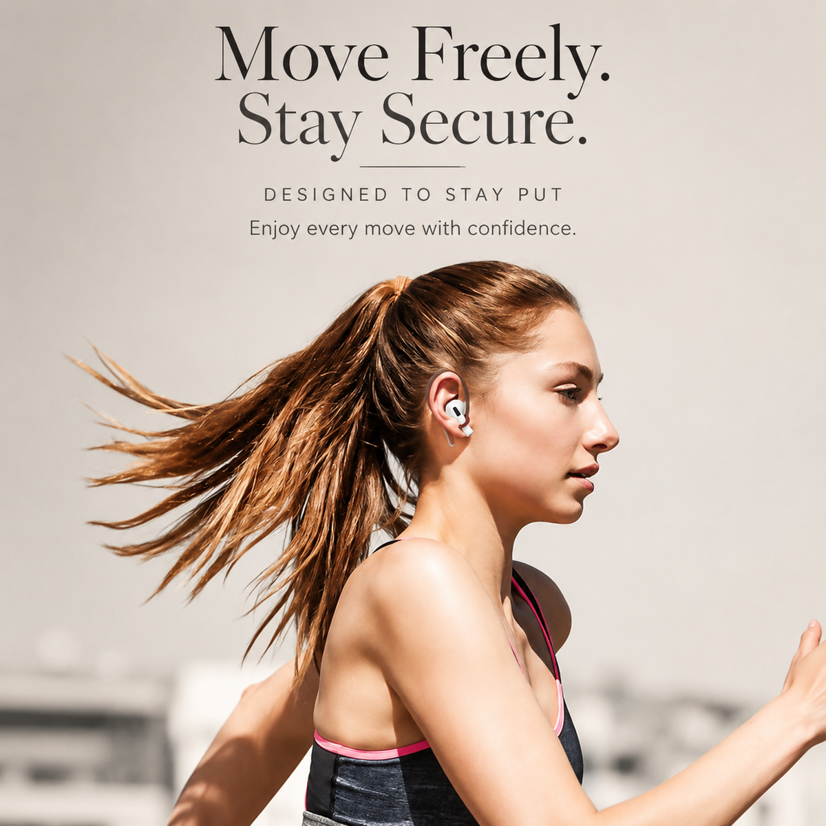 A woman runs outdoors wearing a white earbud and fitted ear hook. Text promotes secure positioning during activity.