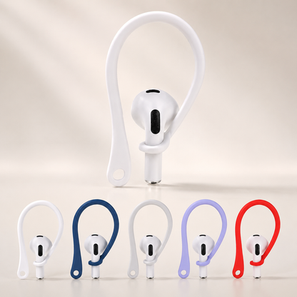 A white curved ear hook holds a white stemmed earbud upright on a pale surface. Five smaller product views along the bottom show the same loop-shaped accessory in white, blue, gray, lavender and red.