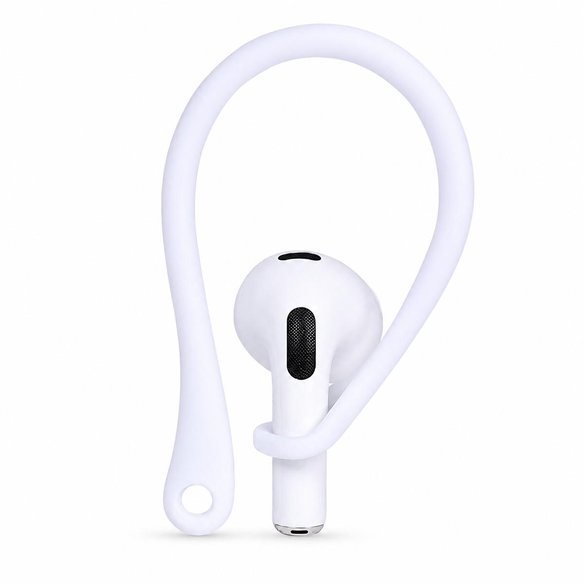 A white loop-shaped ear hook wraps around a white earbud's stem, with a long curved arm and small circular opening at its lower end.