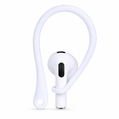A white loop-shaped ear hook wraps around a white earbud's stem, with a long curved arm and small circular opening at its lower end.
