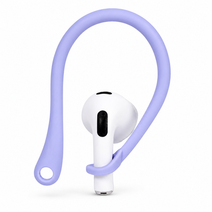 A lavender loop-shaped ear hook wraps around a white earbud's stem, with a long curved arm and small circular opening at its lower end.