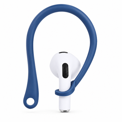 A blue loop-shaped ear hook wraps around a white earbud's stem, with a long curved arm and small circular opening at its lower end.