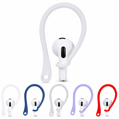 A white loop-shaped ear hook holds a white stemmed earbud upright against a pale background. The curved loop arches above the earbud and ends in a small circular opening. Five smaller examples below show white, blue, gray, lavender and red options.
