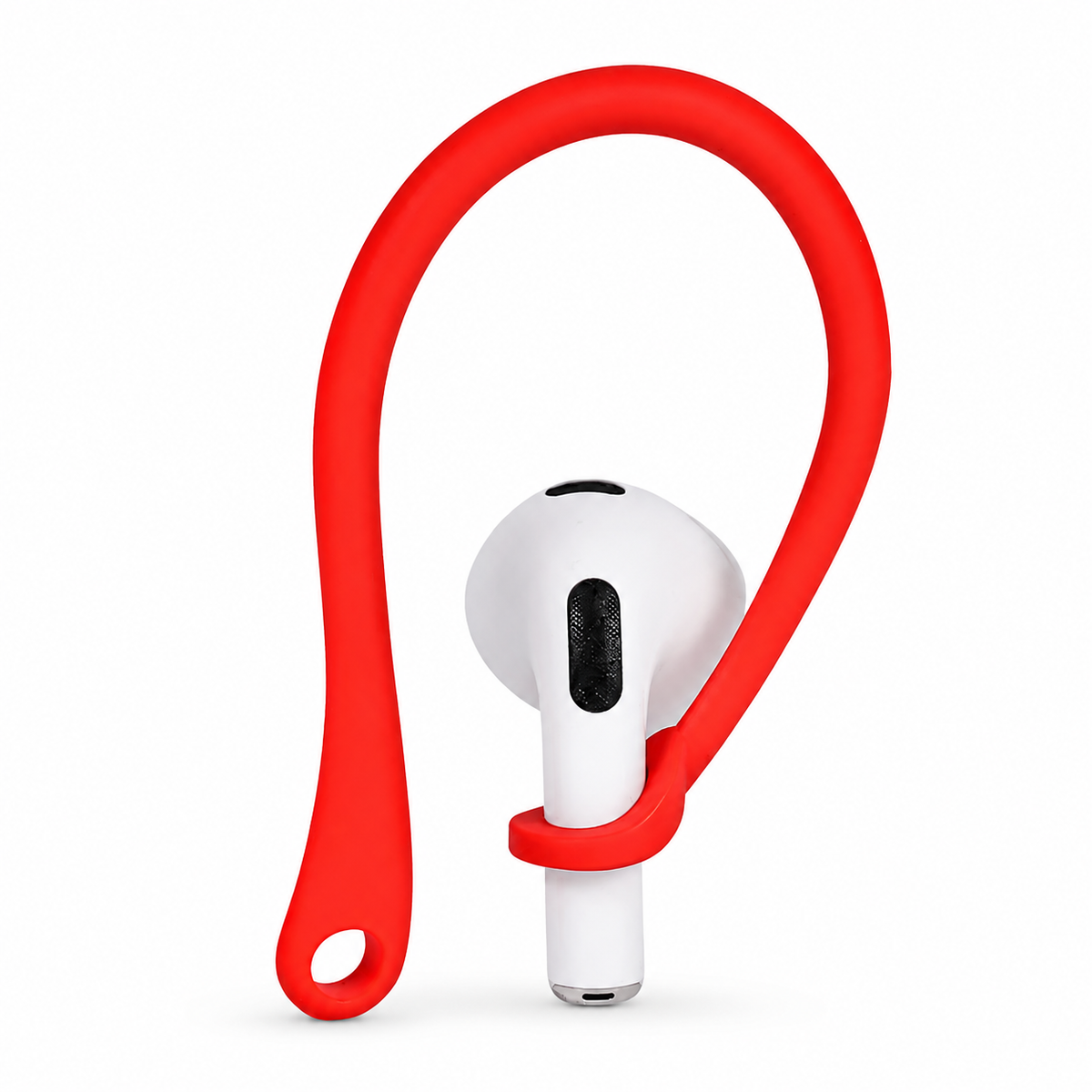 A red loop-shaped ear hook wraps around a white earbud's stem, with a long curved arm and small circular opening at its lower end.