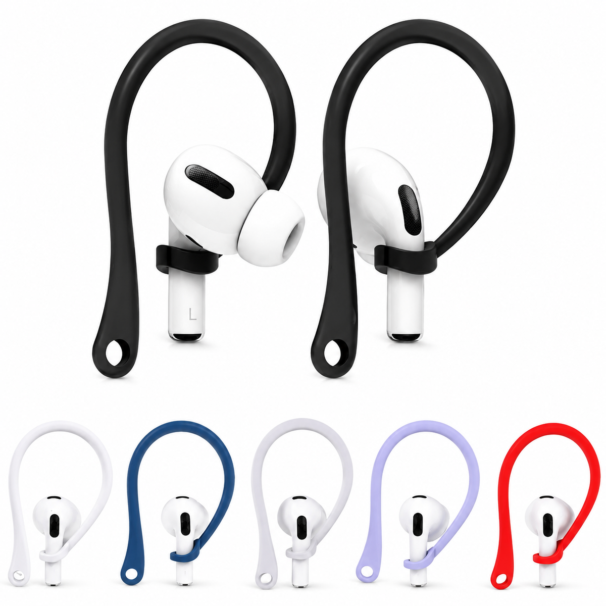 Two black ear hooks hold white earbuds with silicone tips. Five smaller examples below show white, blue, gray, lavender and red options.