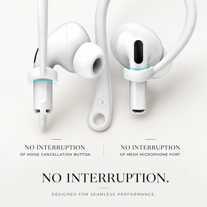 Close-ups of white hooks fitted to earbuds highlight uncovered stem controls and microphone openings beneath No Interruption text.
