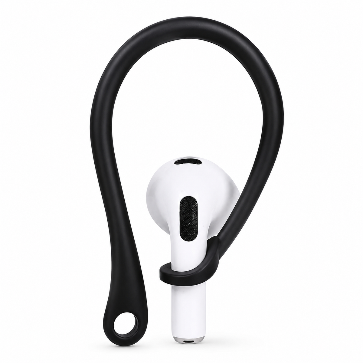A black loop-shaped ear hook wraps around a white earbud's stem, with a long curved arm and small circular opening at its lower end.
