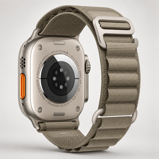 Rear view of an Apple Watch fitted with a khaki beige woven fabric loop band. Raised rows of stitched loops run along the strap, secured by a metallic-colored hook.