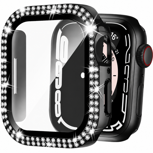 A black smartwatch cover floats beside a matching covered watch. Two rows of clear rhinestone-like stones border the transparent screen panel, with openings for side controls.