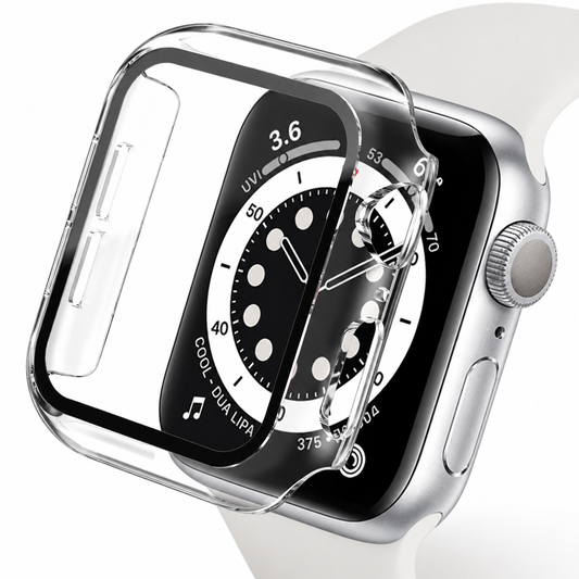 A transparent smartwatch cover with a clear screen panel floats in front of a watch, illustrating its fitted shape and openings for the crown and side button.