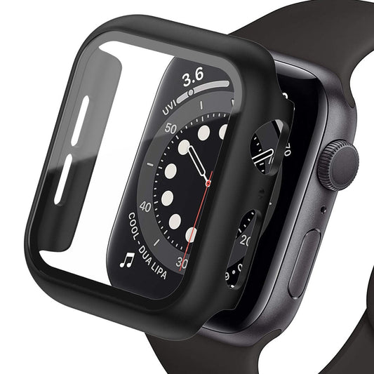 A black smartwatch cover with a clear screen panel floats in front of a watch, illustrating its fitted shape and openings for the crown and side button.