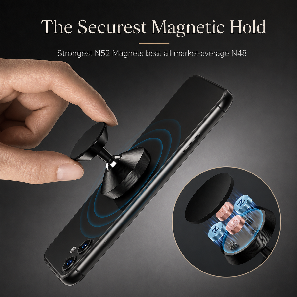 A hand holds a small mount against the back of a phone. Blue rings and a cutaway magnet inset accompany a claim promoting N52 magnets.