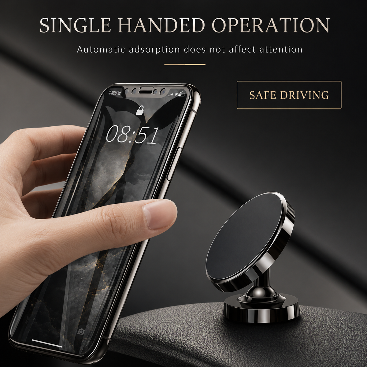 A hand brings a phone toward a small black round mount on a dashboard. Text promotes one-handed attachment.