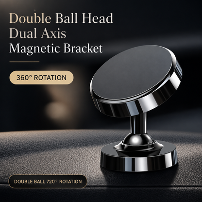 A black dashboard mount has a round face on a slender stem between two ball-joint areas. Text describes a dual-axis design and rotation.