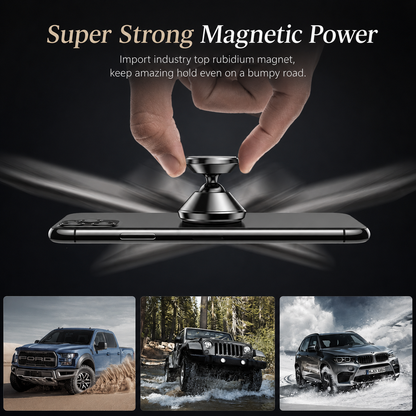 A hand holds a small magnetic mount above a horizontal phone, with blue rays illustrating attraction. Three vehicle photos below suggest use on rough roads.