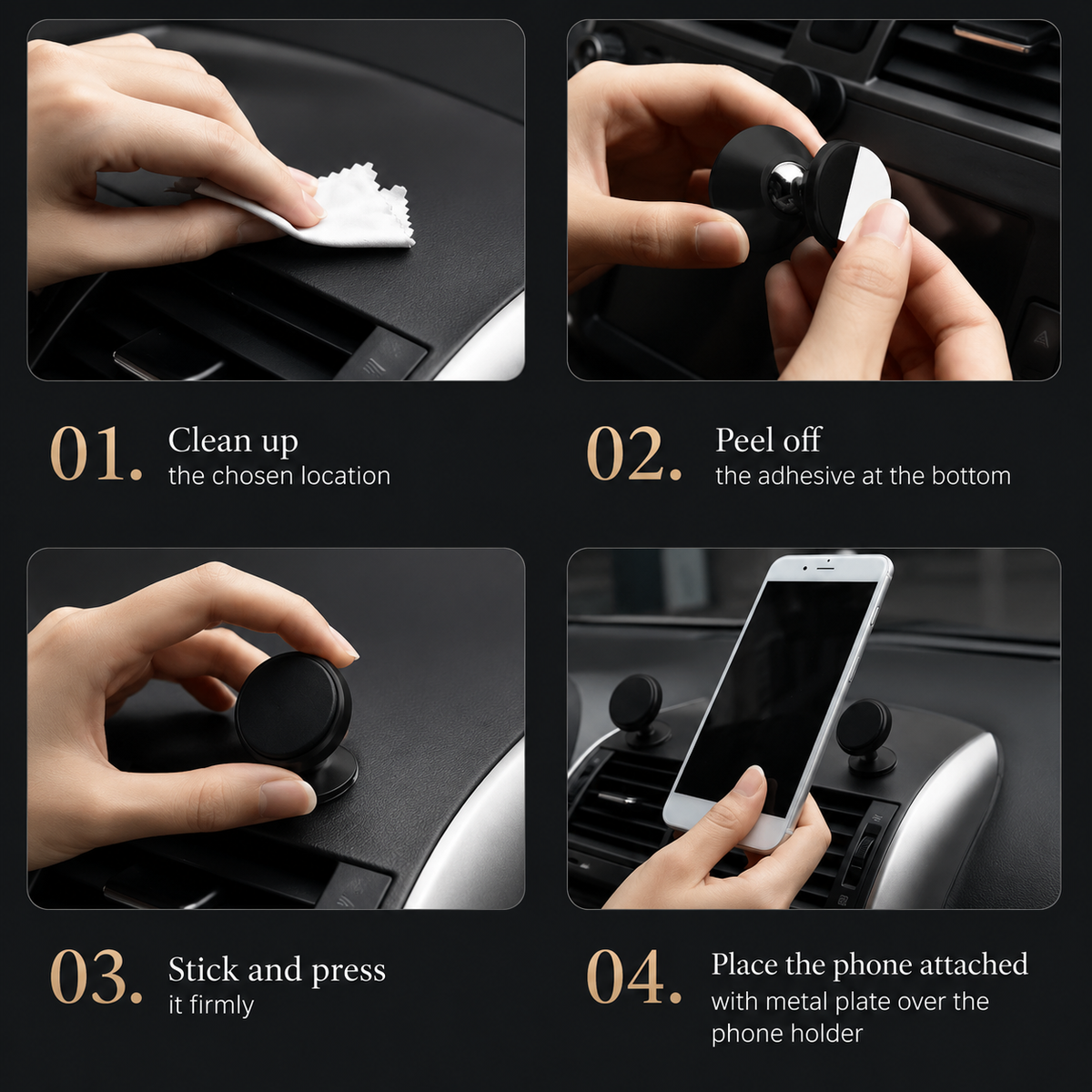 Four instruction panels show cleaning the dashboard, peeling the mount's adhesive backing, pressing the base in place, and attaching a phone fitted with a metal plate.